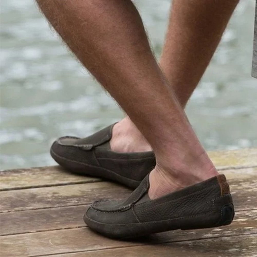 OluKai Men's Brown Leather Slip-On Loafers